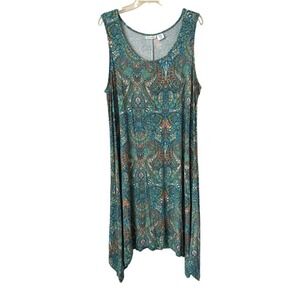 Lucky Brand Boho Sleeveless Teal Paisley Swing Dress Stretch Festival Summer 2X